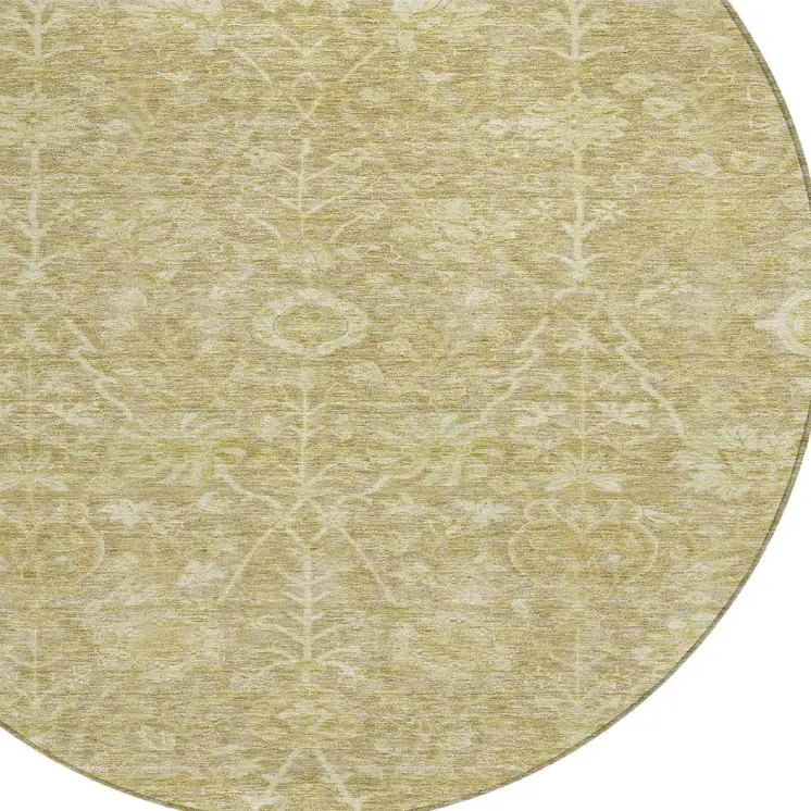 8' Tan And Beige Round Floral Washable Indoor Outdoor Area Rug