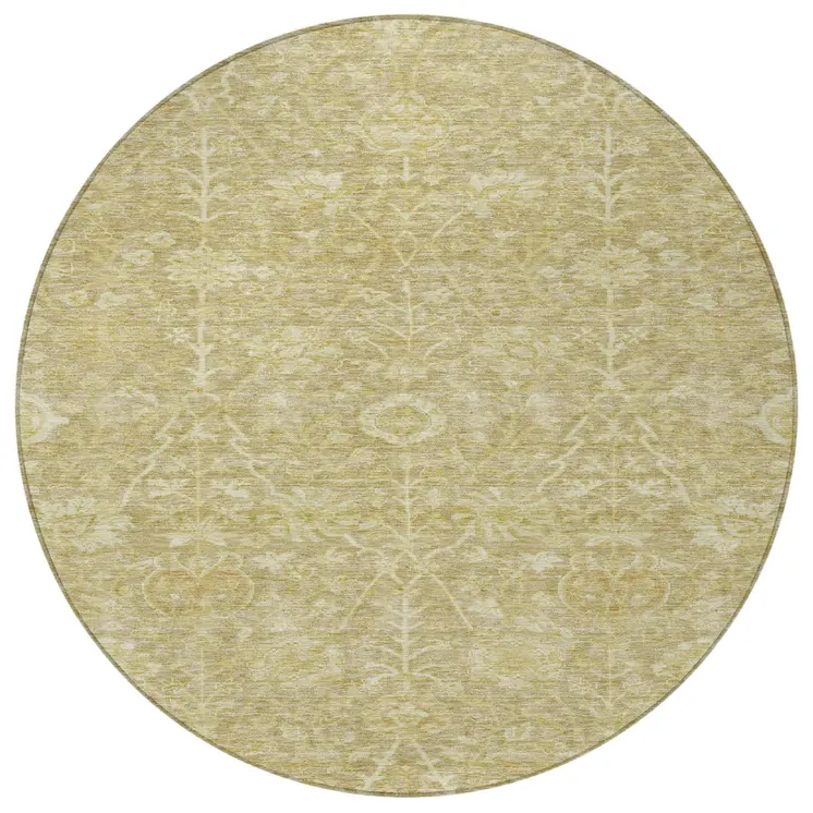 8' Tan And Beige Round Floral Washable Indoor Outdoor Area Rug