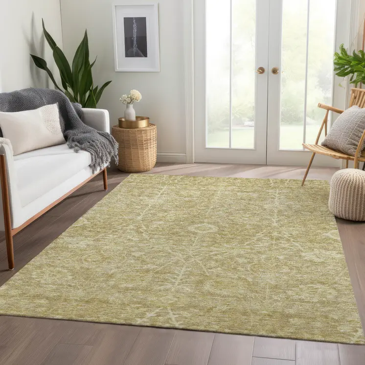 9' X 12' Tan And Beige Floral Washable Indoor Outdoor Area Rug