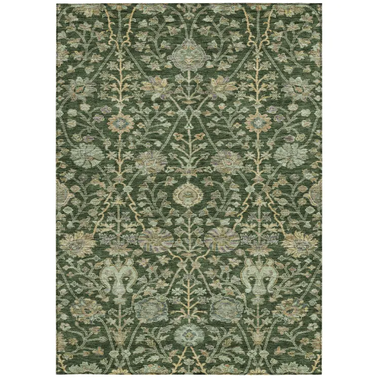 3' X 5' Green Tan And Gray Floral Washable Indoor Outdoor Area Rug