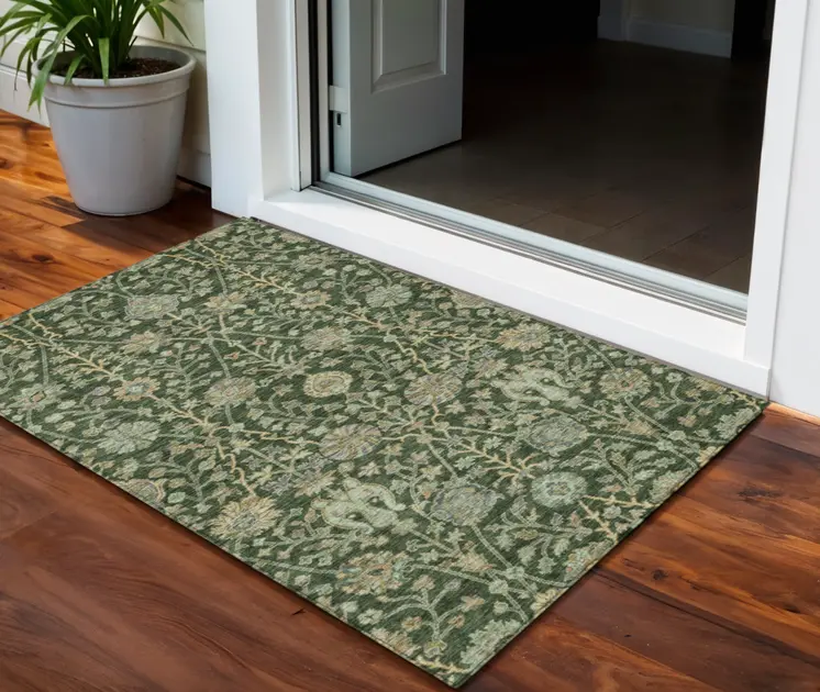 3' X 5' Green Tan And Gray Floral Washable Indoor Outdoor Area Rug