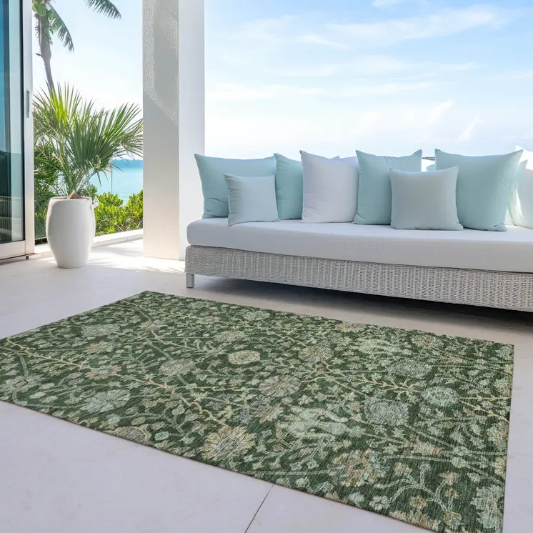 3' X 5' Green Tan And Gray Floral Washable Indoor Outdoor Area Rug