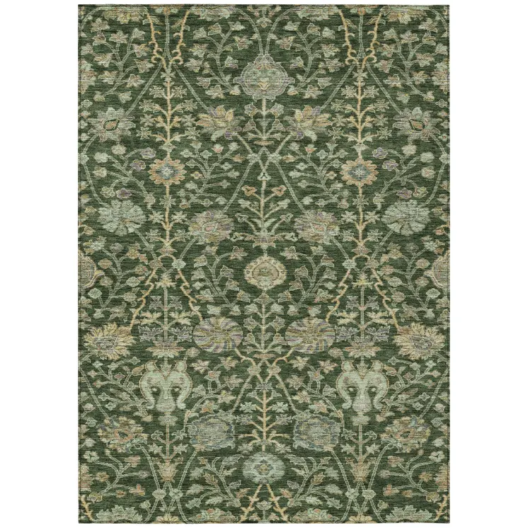 3' X 5' Green Tan And Gray Floral Washable Indoor Outdoor Area Rug