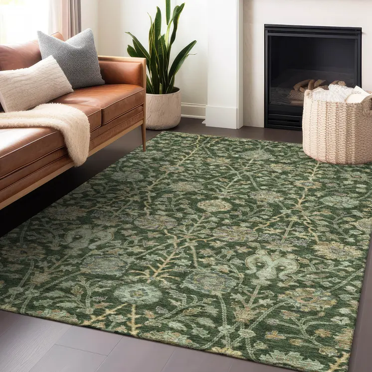 3' X 5' Green Tan And Gray Floral Washable Indoor Outdoor Area Rug