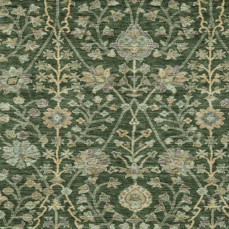 5' X 8' Green Tan And Gray Floral Washable Indoor Outdoor Area Rug