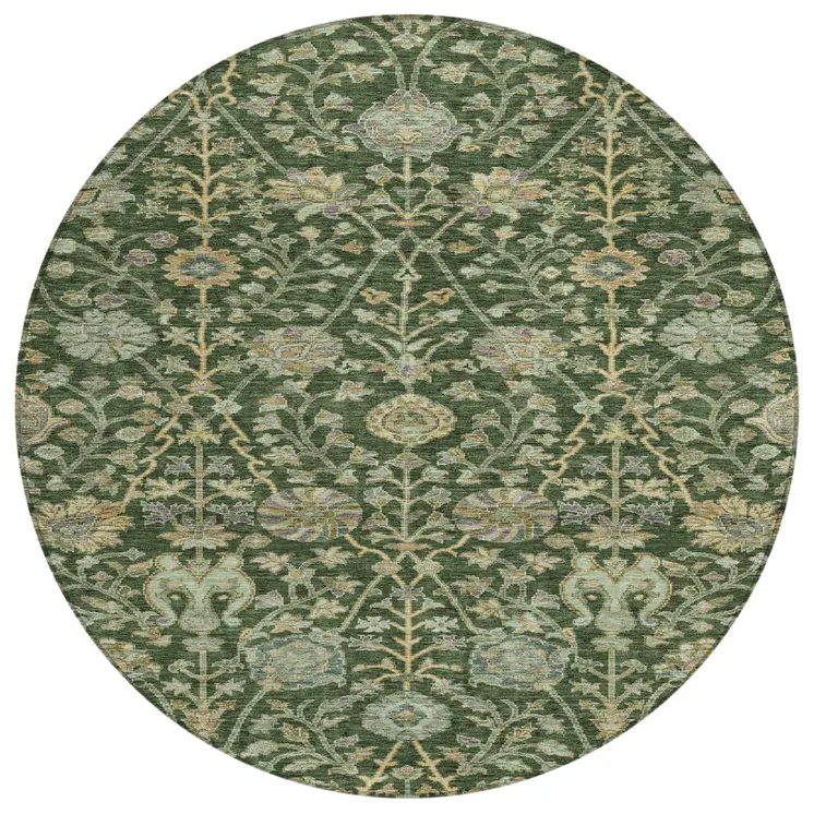8' Green Tan And Gray Round Floral Washable Indoor Outdoor Area Rug