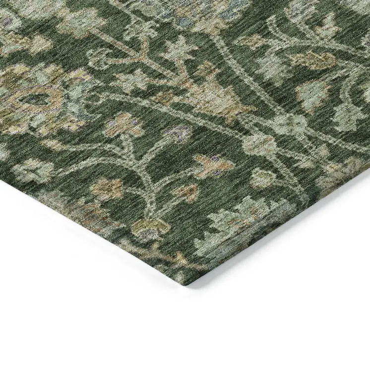 8' Green Tan And Gray Round Floral Washable Indoor Outdoor Area Rug