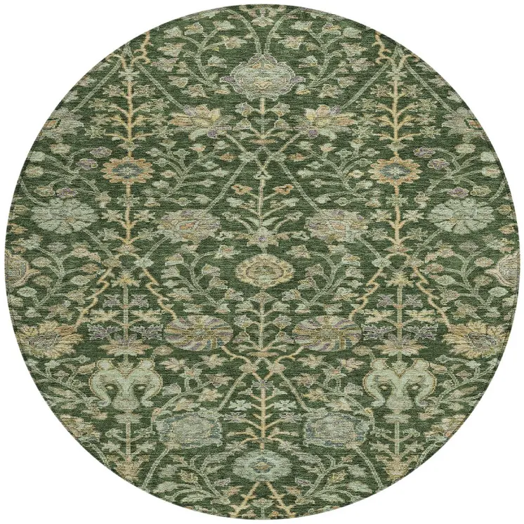 8' Green Tan And Gray Round Floral Washable Indoor Outdoor Area Rug