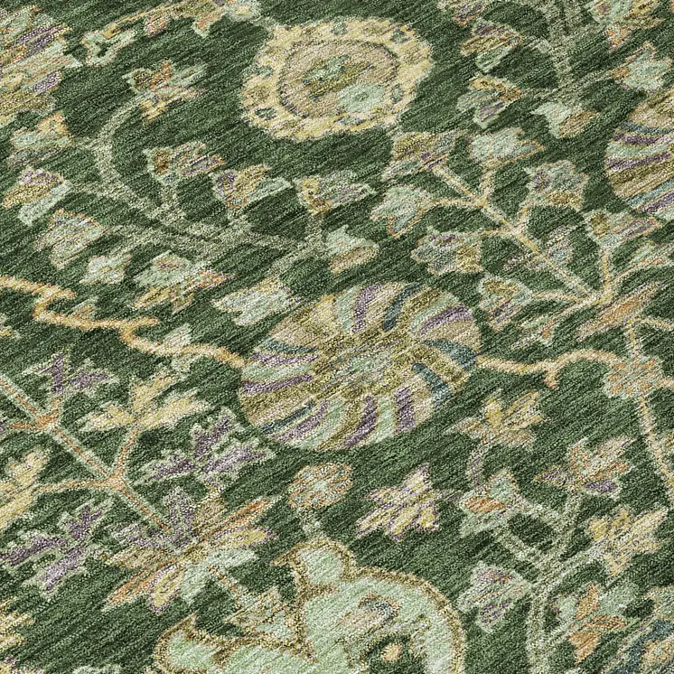 8' Green Tan And Gray Round Floral Washable Indoor Outdoor Area Rug