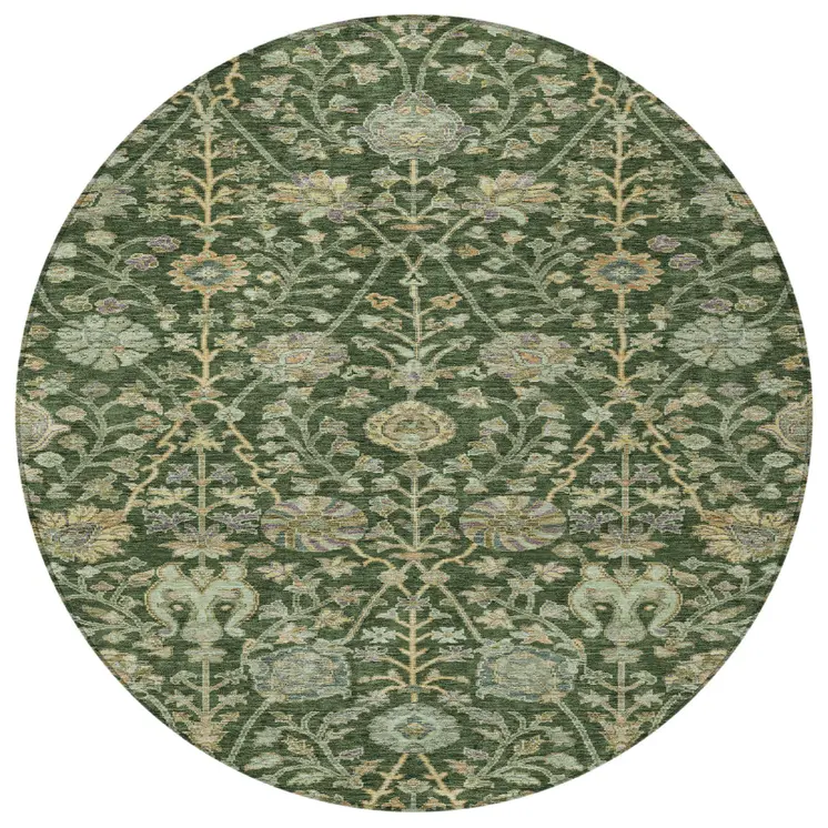 8' Green Tan And Gray Round Floral Washable Indoor Outdoor Area Rug