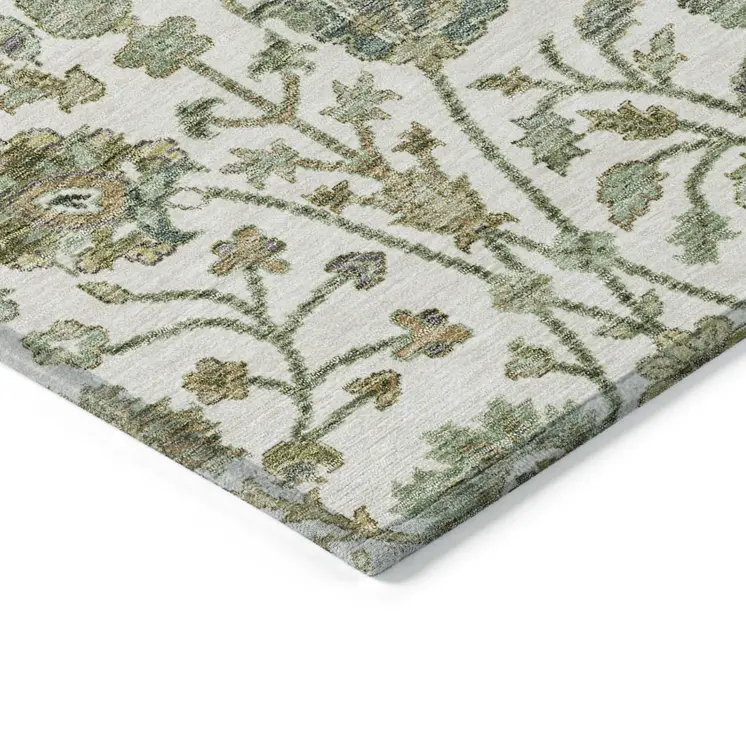 5' X 8' Ivory Green And Brown Floral Washable Indoor Outdoor Area Rug