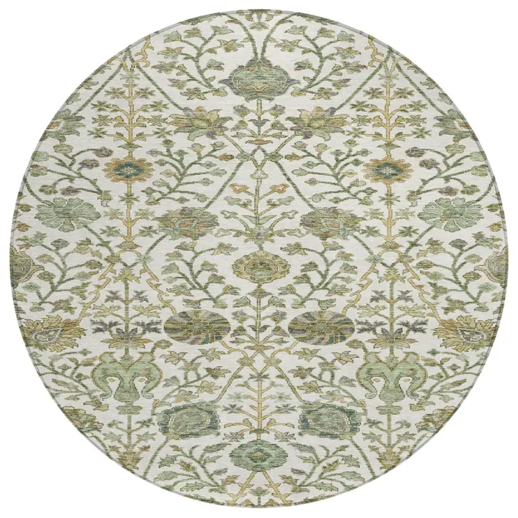 8' Ivory Green And Brown Round Floral Washable Indoor Outdoor Area Rug