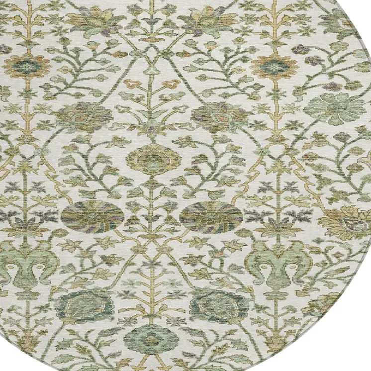 8' Ivory Green And Brown Round Floral Washable Indoor Outdoor Area Rug