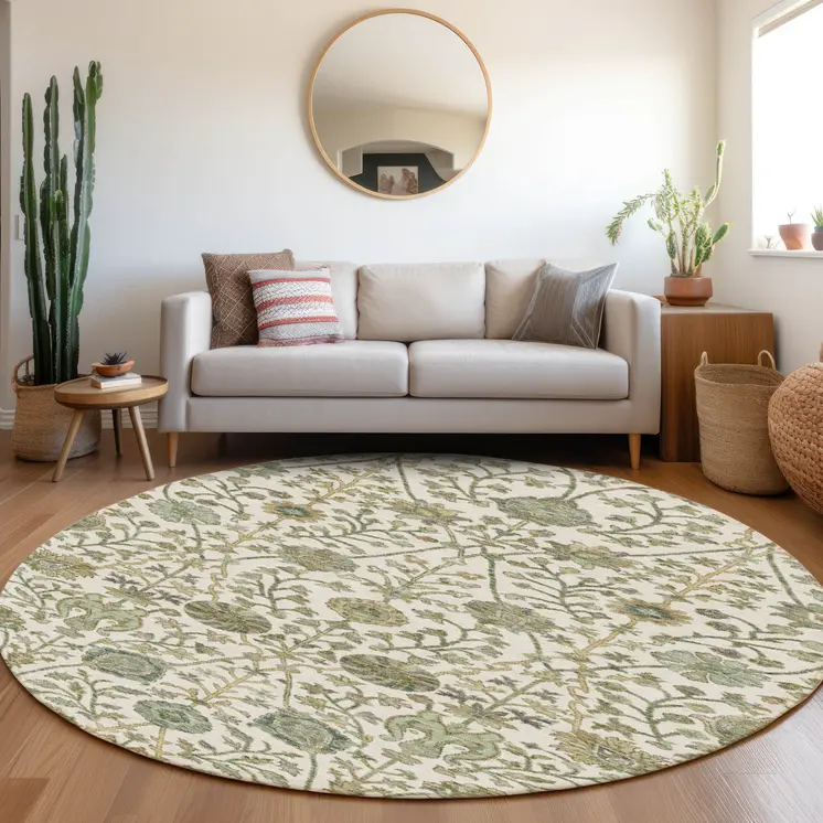 8' Ivory Green And Brown Round Floral Washable Indoor Outdoor Area Rug
