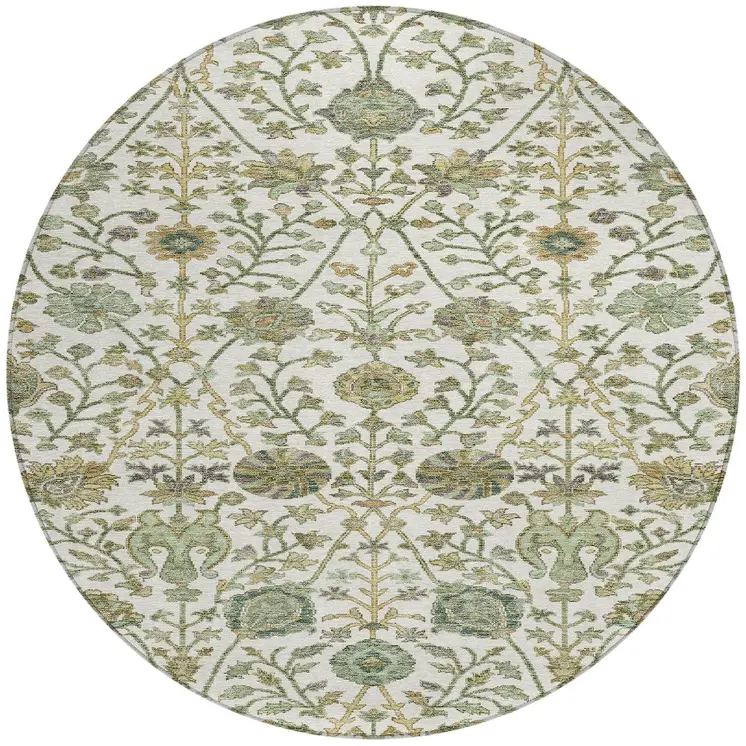 8' Ivory Green And Brown Round Floral Washable Indoor Outdoor Area Rug