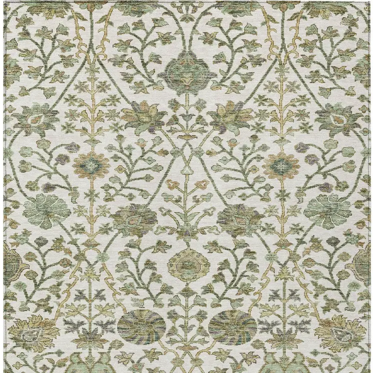8' X 10' Ivory Green And Brown Floral Washable Indoor Outdoor Area Rug