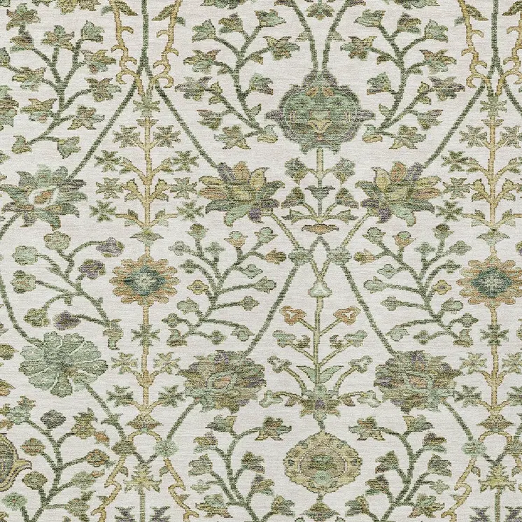 8' X 10' Ivory Green And Brown Floral Washable Indoor Outdoor Area Rug