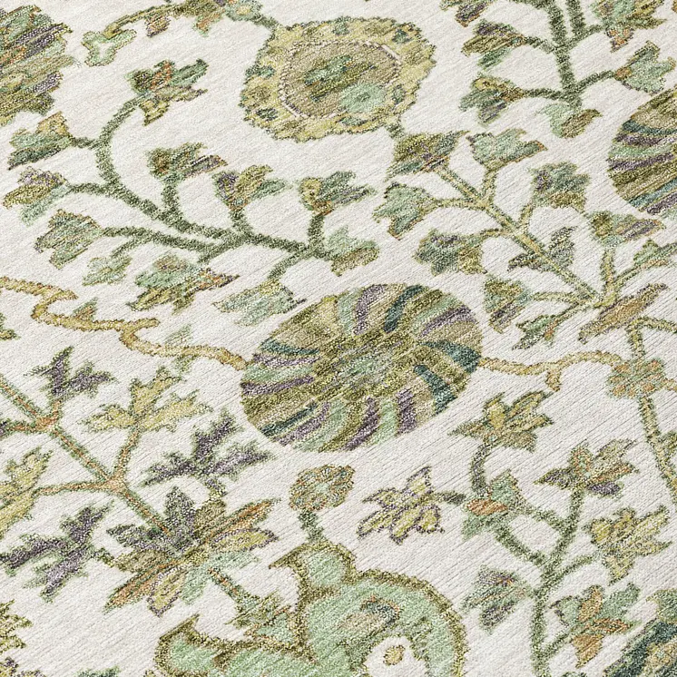 8' X 10' Ivory Green And Brown Floral Washable Indoor Outdoor Area Rug