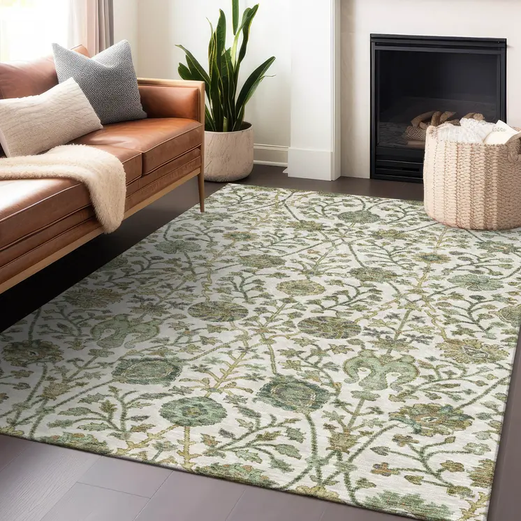 8' X 10' Ivory Green And Brown Floral Washable Indoor Outdoor Area Rug