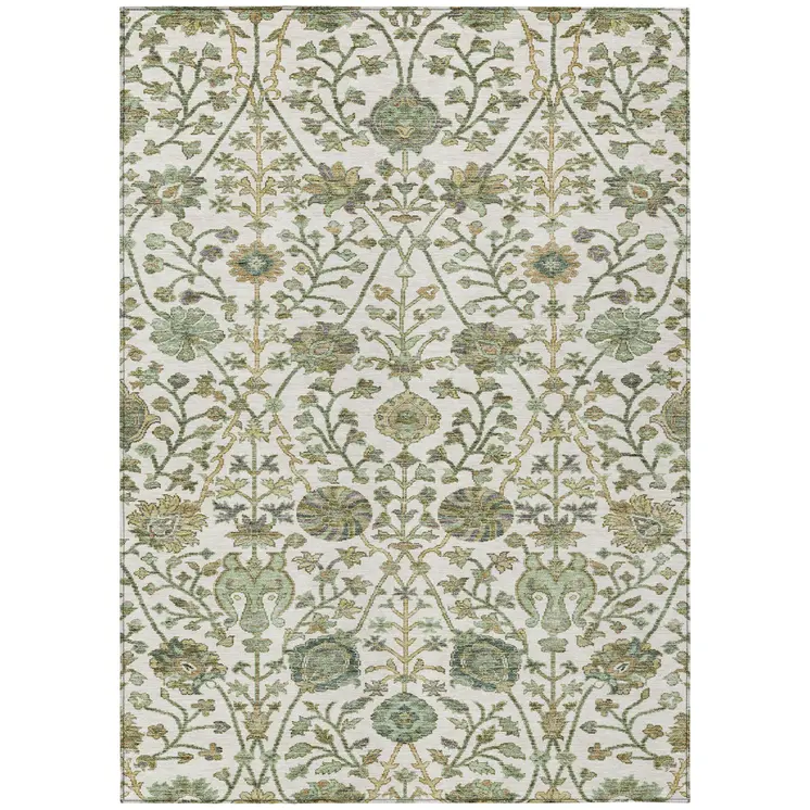9' X 12' Ivory Green And Brown Floral Washable Indoor Outdoor Area Rug