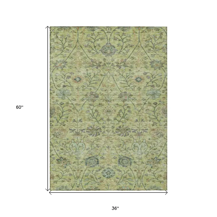 3' X 5' Mint Green Brown And Gray Floral Washable Indoor Outdoor Area Rug