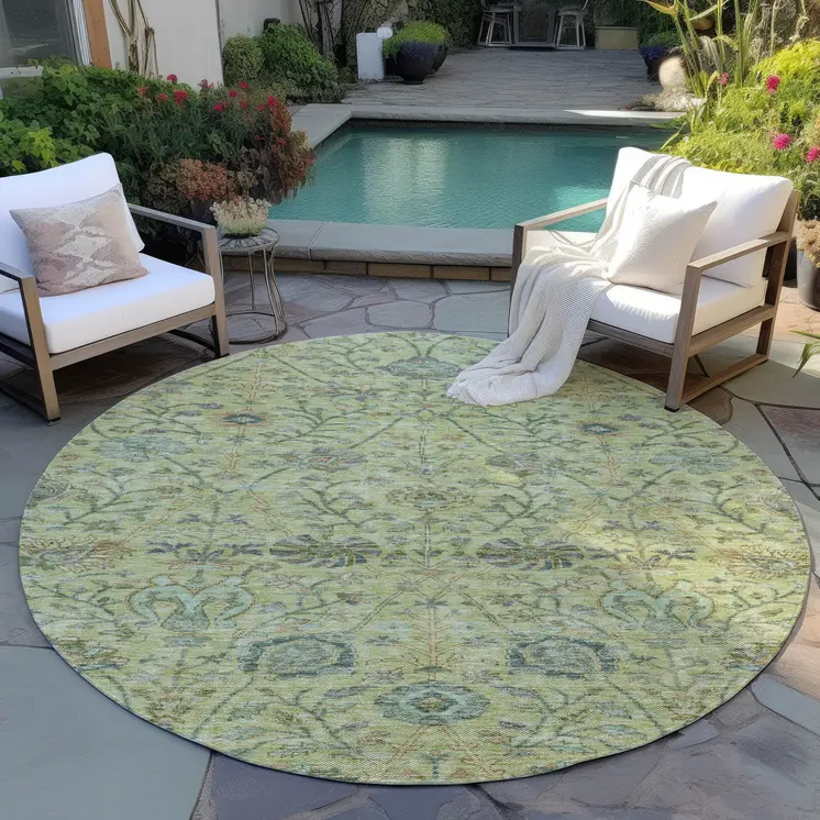 8' Mint Green Brown And Gray Round Floral Washable Indoor Outdoor Area Rug
