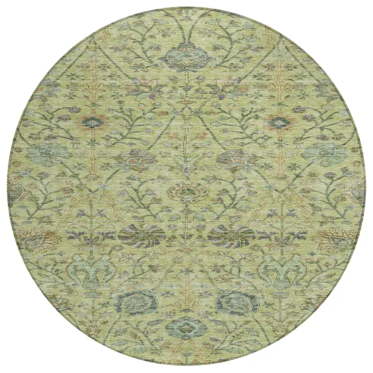 8' Mint Green Brown And Gray Round Floral Washable Indoor Outdoor Area Rug