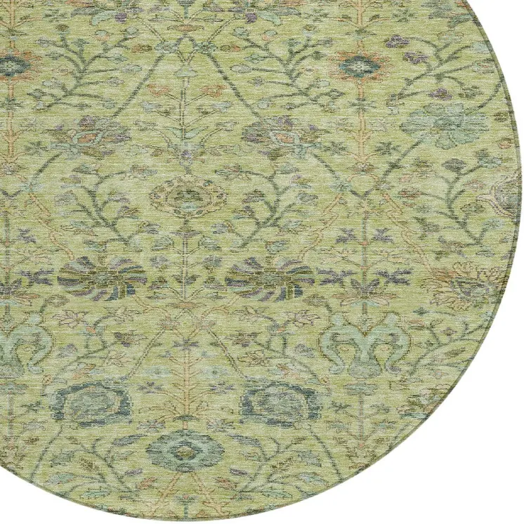 8' Mint Green Brown And Gray Round Floral Washable Indoor Outdoor Area Rug