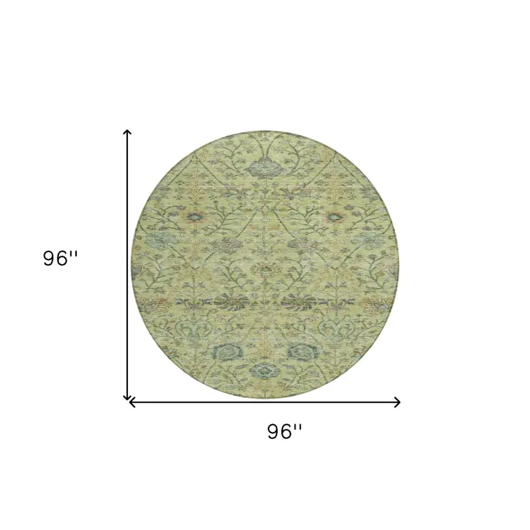 8' Mint Green Brown And Gray Round Floral Washable Indoor Outdoor Area Rug