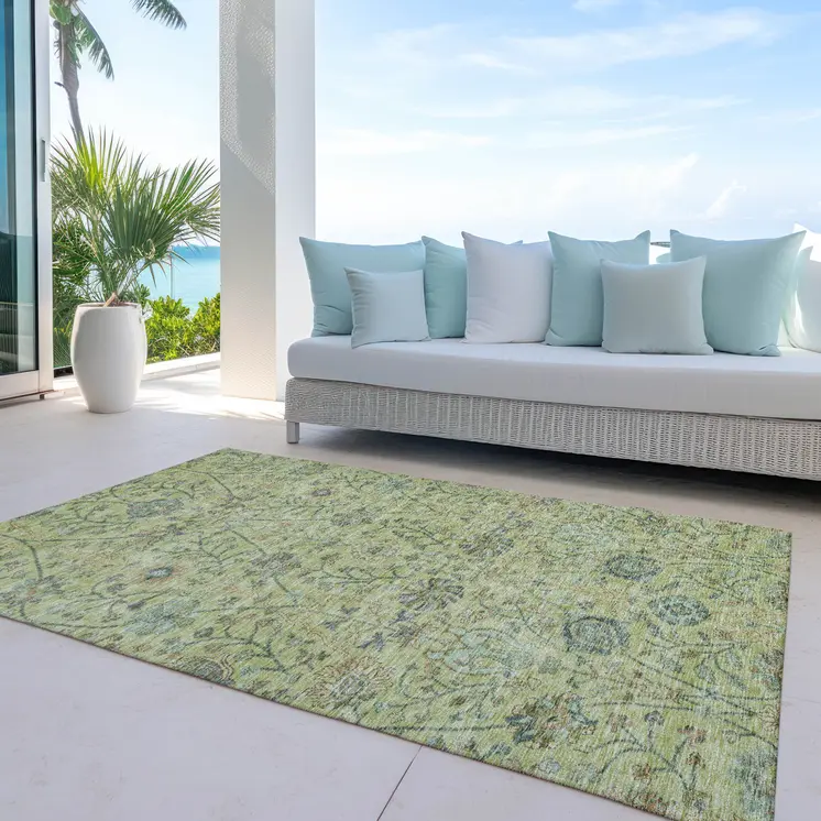 8' X 10' Mint Green Brown And Gray Floral Washable Indoor Outdoor Area Rug