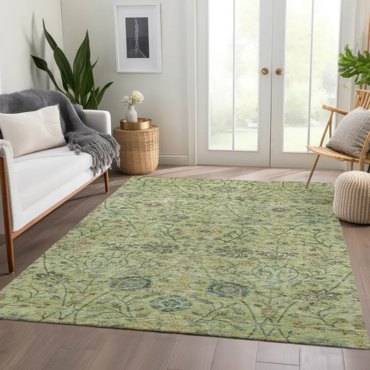 8' X 10' Mint Green Brown And Gray Floral Washable Indoor Outdoor Area Rug