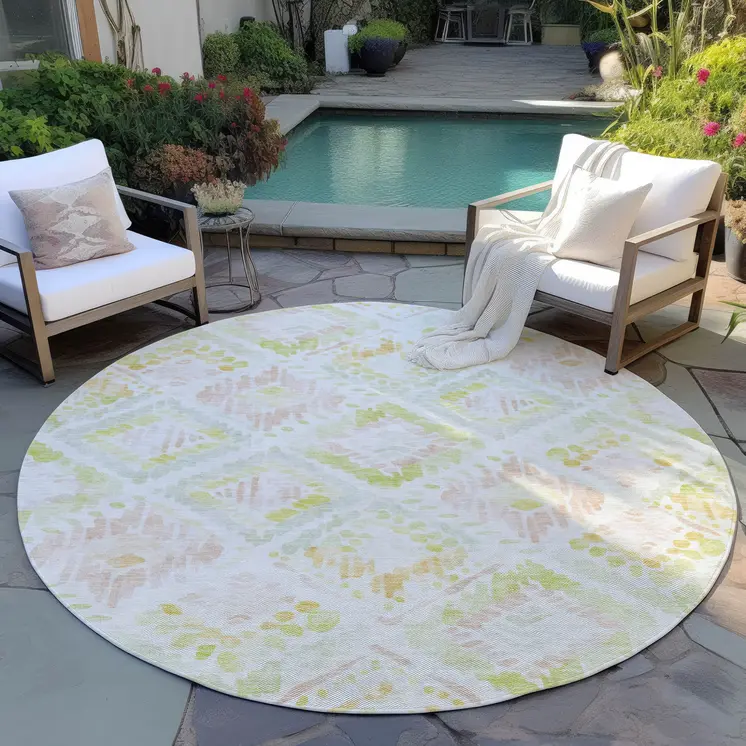 8' Pink Green And Beige Round Geometric Washable Indoor Outdoor Area Rug
