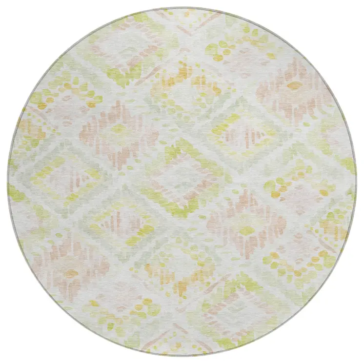 8' Pink Green And Beige Round Geometric Washable Indoor Outdoor Area Rug