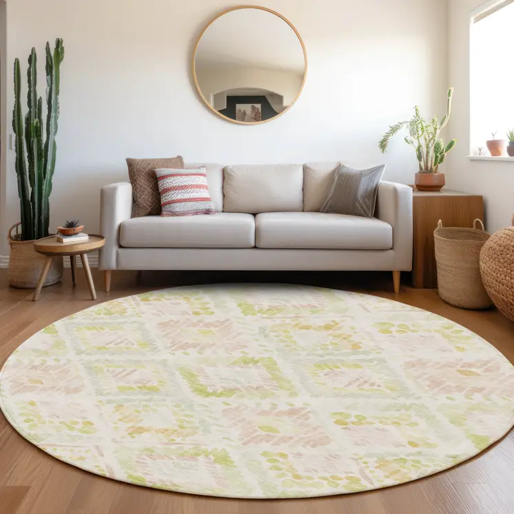 8' Pink Green And Beige Round Geometric Washable Indoor Outdoor Area Rug