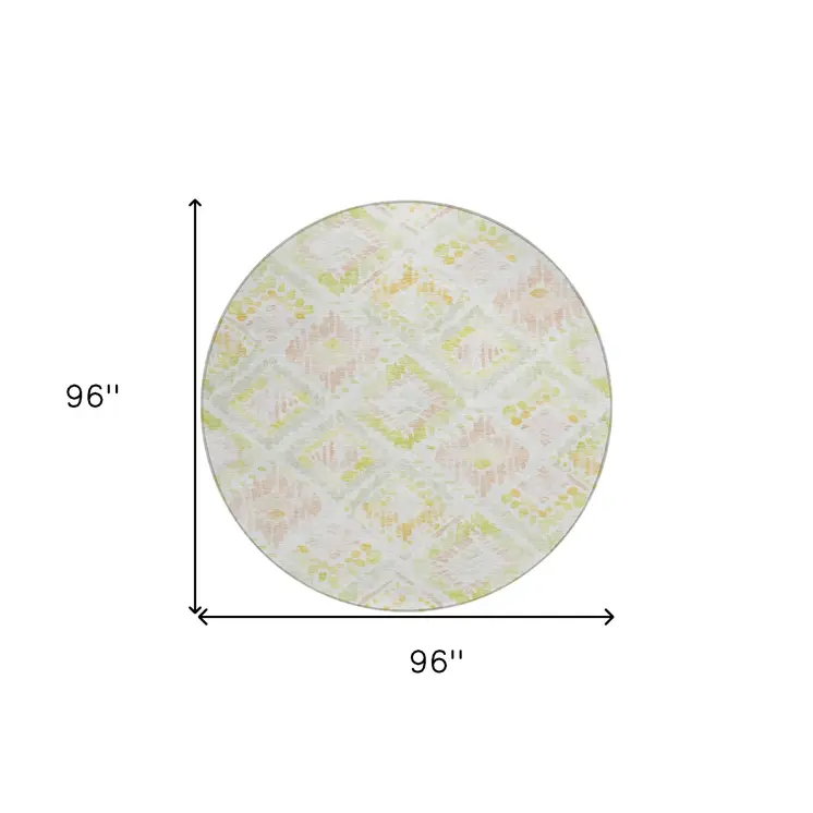 8' Pink Green And Beige Round Geometric Washable Indoor Outdoor Area Rug