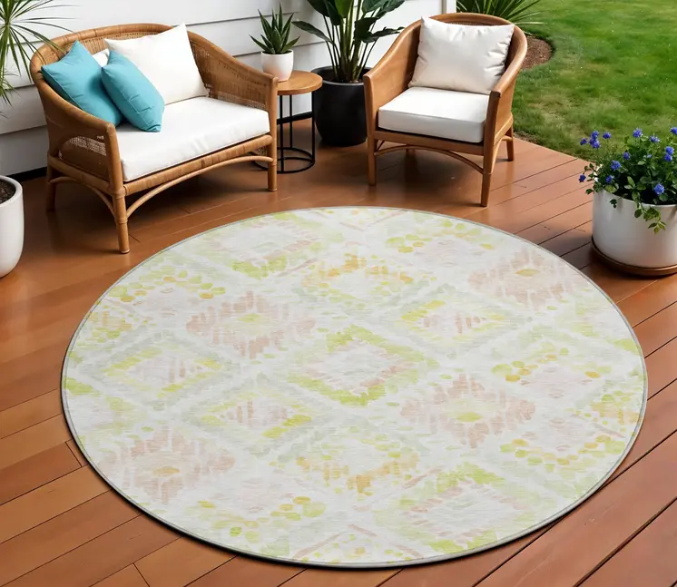 8' Pink Green And Beige Round Geometric Washable Indoor Outdoor Area Rug
