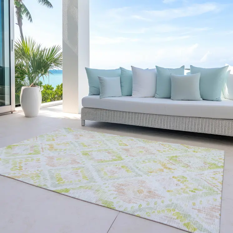 9' X 12' Pink Green And Beige Geometric Washable Indoor Outdoor Area Rug