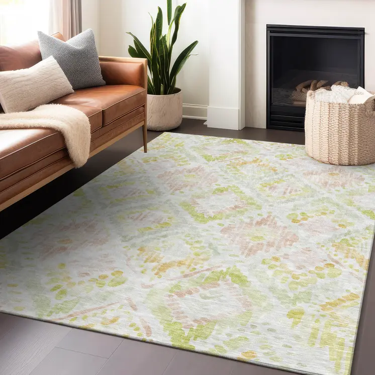 9' X 12' Pink Green And Beige Geometric Washable Indoor Outdoor Area Rug