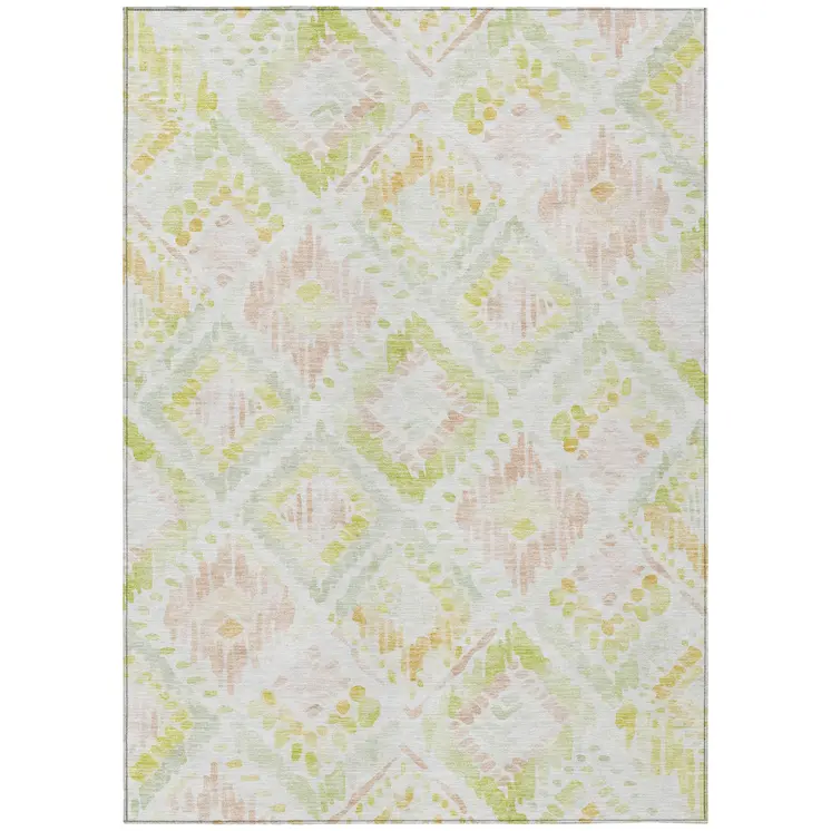 10' X 14' Pink Green And Beige Geometric Washable Indoor Outdoor Area Rug