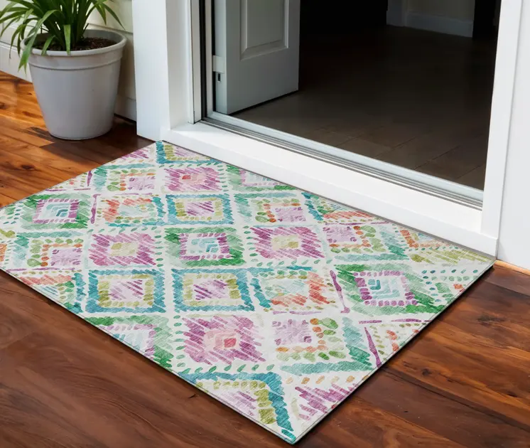 3' X 5' Teal Blue Green And Purple Geometric Washable Indoor Outdoor Area Rug