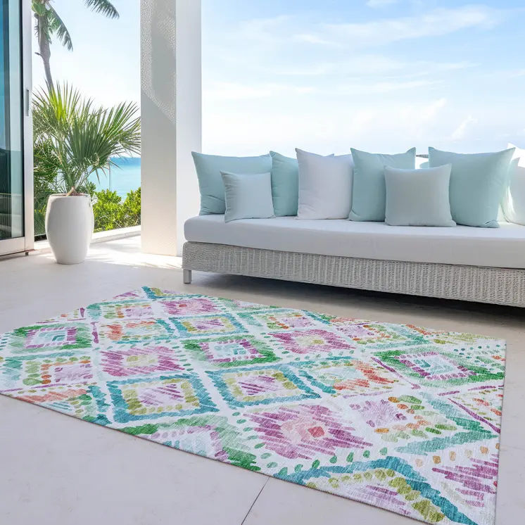 3' X 5' Teal Blue Green And Purple Geometric Washable Indoor Outdoor Area Rug