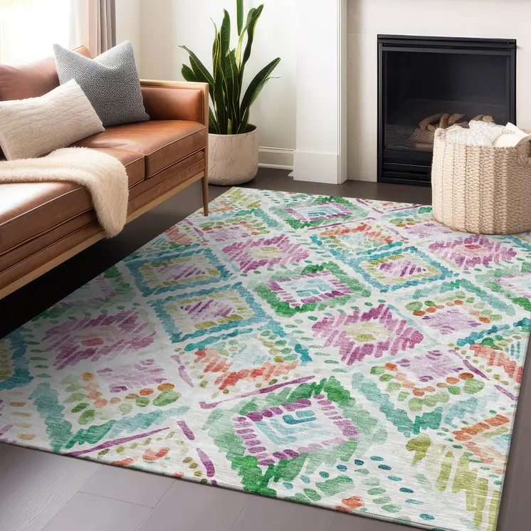3' X 5' Teal Blue Green And Purple Geometric Washable Indoor Outdoor Area Rug