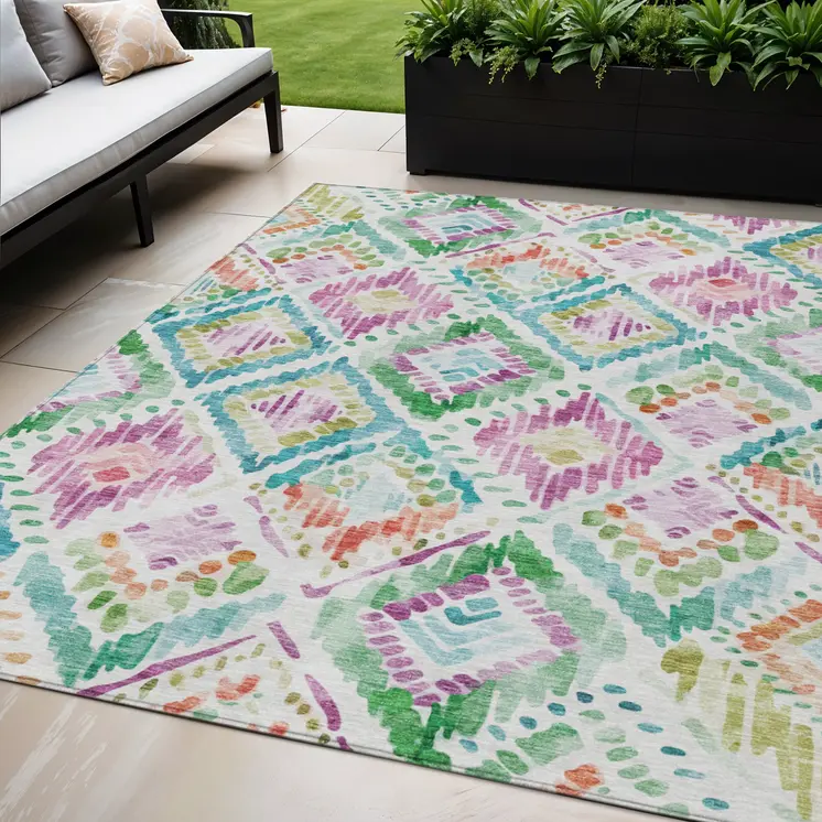 5' X 8' Teal Blue Green And Purple Geometric Washable Indoor Outdoor Area Rug