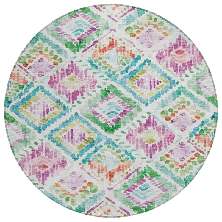 8' Teal Blue Green And Purple Round Geometric Washable Indoor Outdoor Area Rug