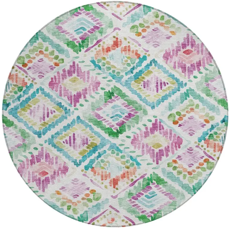 8' Teal Blue Green And Purple Round Geometric Washable Indoor Outdoor Area Rug