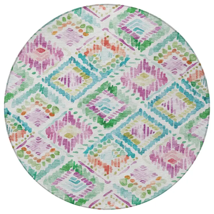8' Teal Blue Green And Purple Round Geometric Washable Indoor Outdoor Area Rug