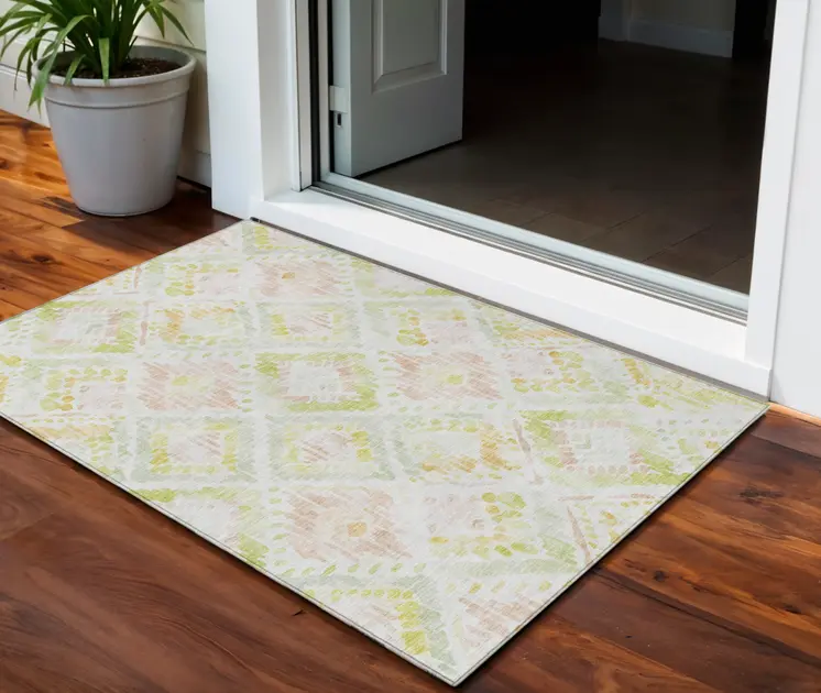 3' X 5' Pink Green And Beige Geometric Washable Indoor Outdoor Area Rug