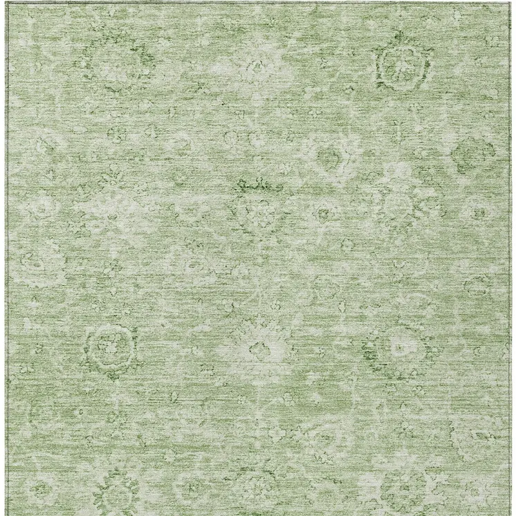 5' X 8' Artichoke Green And Ivory Damask Washable Indoor Outdoor Area Rug