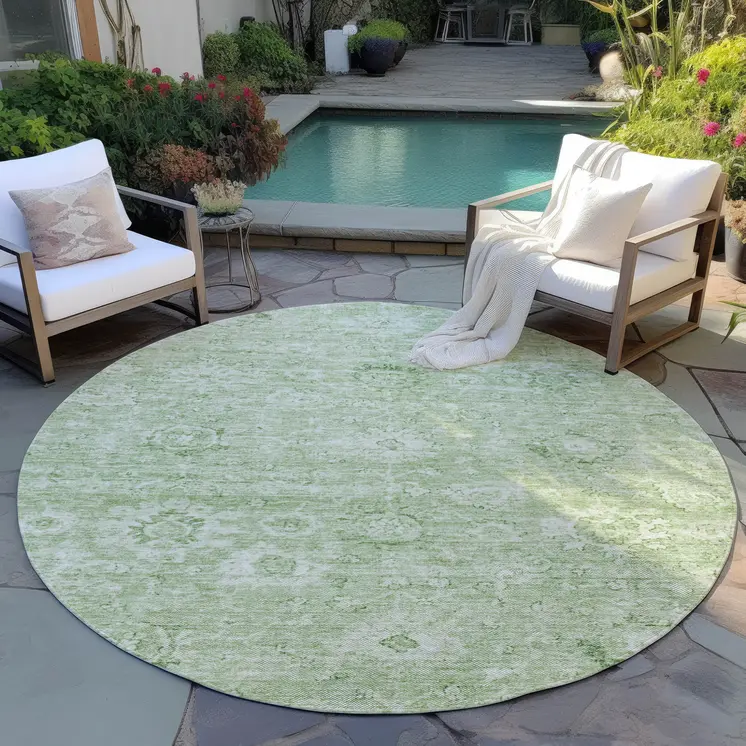 8' Artichoke Green And Ivory Round Damask Washable Indoor Outdoor Area Rug