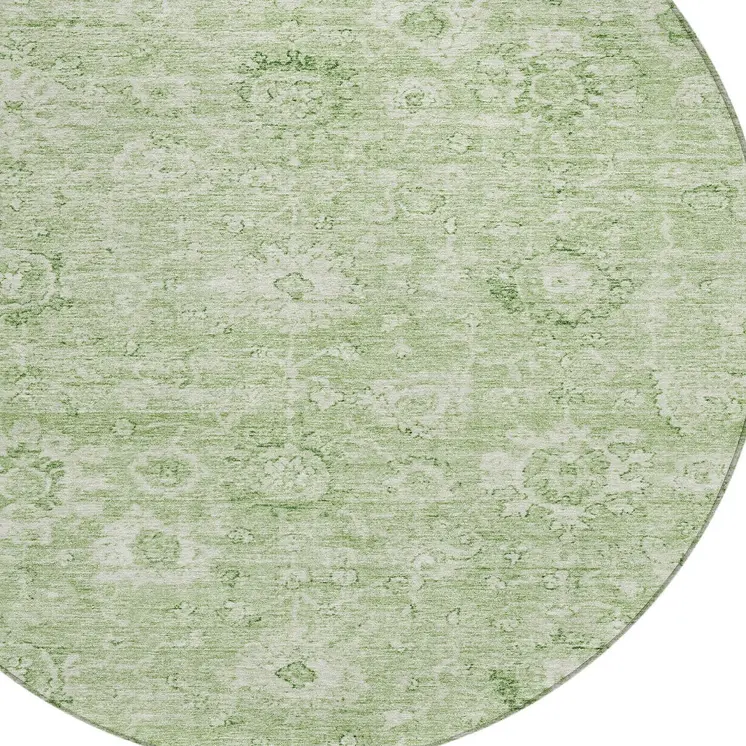 8' Artichoke Green And Ivory Round Damask Washable Indoor Outdoor Area Rug